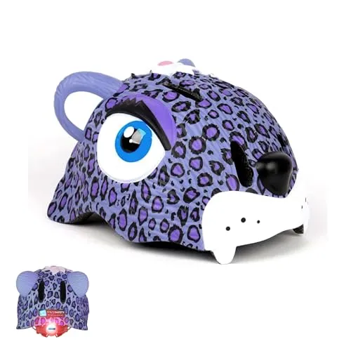 Crazy Safety Fahrradhelm für Kinder | Lila Leopard | EN1078 - Schützer, Gelenkschoner & Helme – Sicher und stylish mit 3D-Tierdesign, integriertem LED-Licht und hervorragender Belüftung für Kinder von 2 bis 10 Jahren.