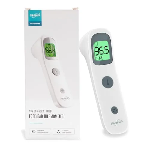 EUROPAPA Fieberthermometer - Infrarot Stirnthermometer mit Fieberalarm, kontaktlose Messung und 30-facher Messwertspeicher für Kinder und Erwachsene
