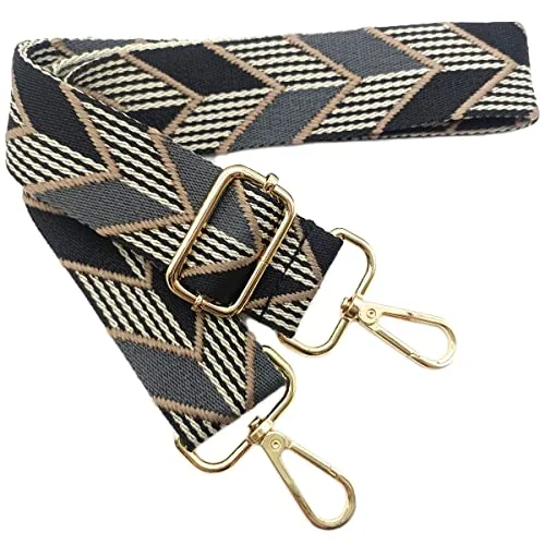 Verstellbarer Schultergurt für Taschen Schwarz-Grau, Taschengurte zum Wechseln, Taschengurt Breit mit Karabiner Gold, 80-130 cm Tragegurt Tasche für Damen Schulterriemen, Handtasche, 3.8cm, 201