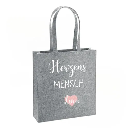 Lounis Filztasche personalisiert - Shoppingbag - Handtasche - Tasche Filz - Herzensmensch - Geschenkidee - Filzshopper Wunschname (Hellgrau)