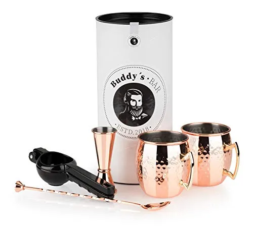 Buddy´s Bar - Moscow Mule Komplett Set - Cocktail-Sets mit 2 Kupferbechern, Barlöffel, Barmaß und Limettenpresse für die perfekte Cocktail-Zubereitung, ideal als Geschenk in schöner Verpackung.