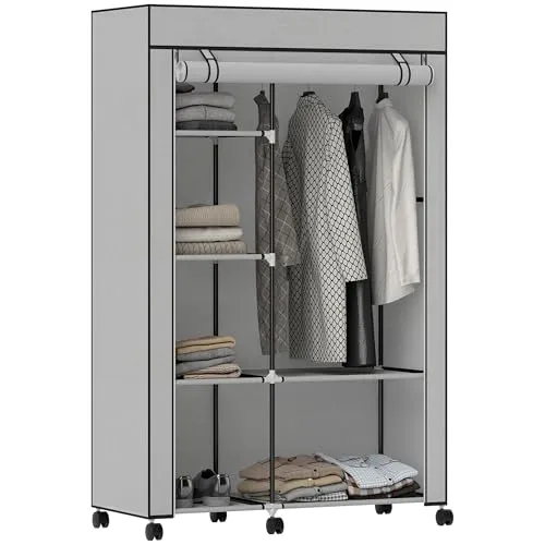 HOMCOM Kleiderschrank Stoffschrank mit Rollen, 6 Ablagen, 103 x 43 x 162,5 cm, Hellgrau