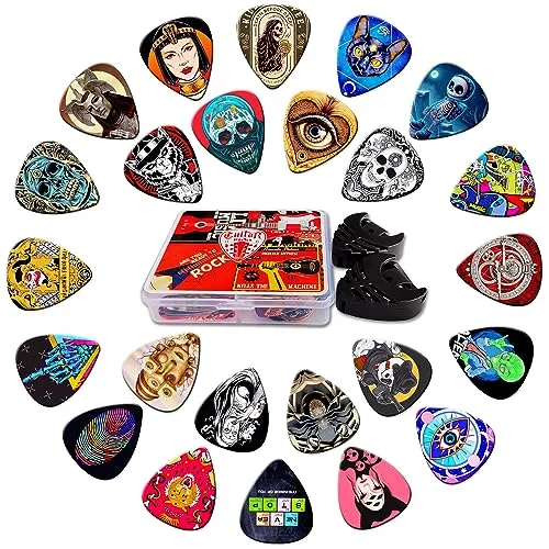 Plektrum 24 Stück,Guitar Picks mit Plektren Halter,4 Dicke 0,46~1,20mm | Gitarren Plektrum für Akustikgitarre,E Gitarre,Bass Guitar,Gitarren Zubehör Vier Dicken 0,46/0,71/0,96/1,2mm(Mix-3)