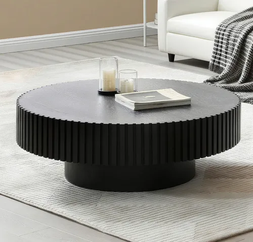williamspace Runder Kaffeetisch aus Wassernussbaum – Schwarz - Hochwertiger Kaffeetisch mit dekorativer Wassernussbaum-Platte und robuster Massivholz-Konstruktion. Ideal für Wohnzimmer oder Café, in stilvollem Schwarz.