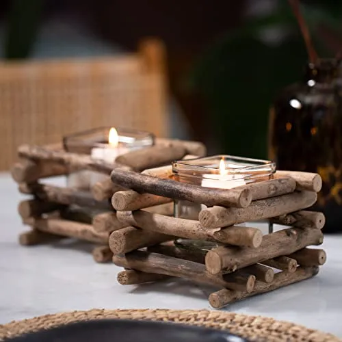 Gadgy Teelichthalter Holz | 2er Set Treibholz Deko | Tischdeko Wohnzimmer | Windlicht Herbst | Kerzenhalter Holz | Deko Fensterbank | Esstisch Deko | Teelichthalter Herbst | Rustikale Deko