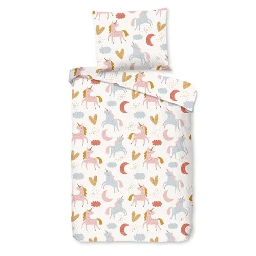 Aminata kids Kinderbettwäsche 100x135 Mädchen Einhorn rosa Baumwolle mit Reißverschluss Kinder-Wende-Bettwäsche-Set Einhörner Pferde-Motiv mit Regenbogen Unicorn