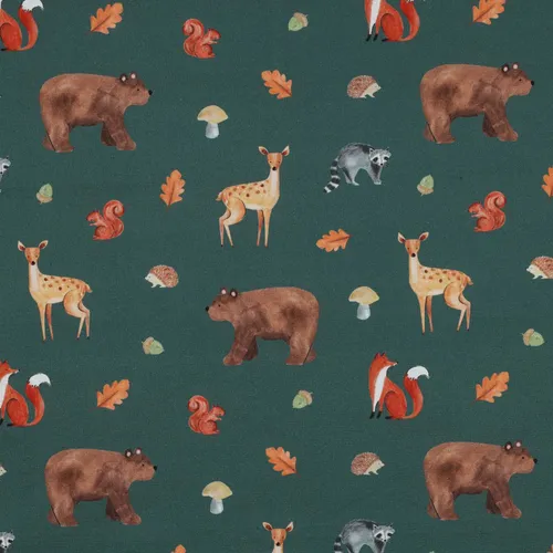 Waldtiere Dunkelgrün Stoff Kinderstoff Baumwollstoff Meterware Deko Kinder BC027