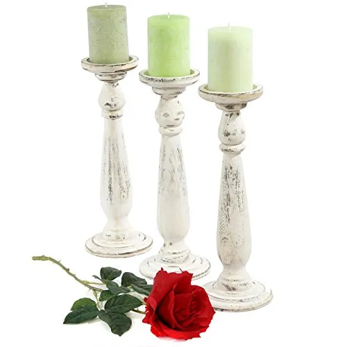 3er Set Kerzenständer T360 - Shabby-Look Vintage, Höhe 35cm - Kerzenständer im eleganten Shabby-Look, ideal für eine gemütliche Atmosphäre. Aus massivem Paulowniaholz gefertigt und perfekt für Kerzen bis 8 cm Durchmesser.