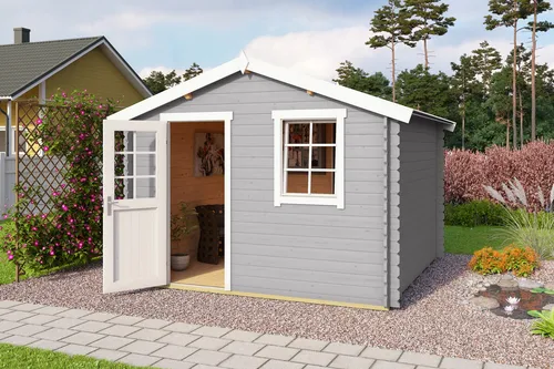 Gartenhaus Blockhaus Satteldach 28 mm Wels 3 grau - Gartenhaus mit 28 mm Wandstärke und Satteldach, ideal als Stauraum oder Rückzugsort. Inklusive Boden und abschließbarer Tür für Sicherheit.