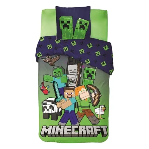 Minecraft Kinderbettwäsche Set 135x200cm - Bettwäsche-Set für echte Minecraft-Fans, bestehend aus einem 135x200 cm Bettbezug und einem 80x80 cm Kissenbezug aus weicher Mikrofaser – ideal für ein gemütliches Kinderzimmer und pixelstarke Träume.