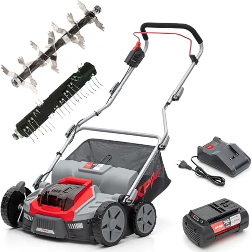 IKRA BOSCH 36V Akku 3in1 Vertikutierer IB-SR 36 - Vertikutierer für Rasenpflege: 3in1-Funktion mit Akku, 36cm Arbeitsbreite und 45l Fangkorb - ideal für kabellose Nutzung und einfache Handhabung.