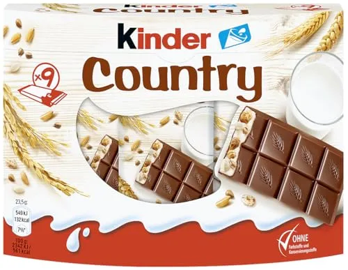 Ferrero Kinder Country 9 Riegel - Feine Schokolade, cremige Füllung und knuspriger Reis, perfekt für süße Pausen und unterwegs.