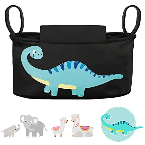 GLÜCKSWOLKE Kinderwagen Organizer - 12 Motive I Kinderwagentasche verschließbar I Kinder Buggy Tasche mit Feuchttuchspender I Baby Stroller Bag Black I Aufbewahrungstasche (Danny Dino I schwarz)