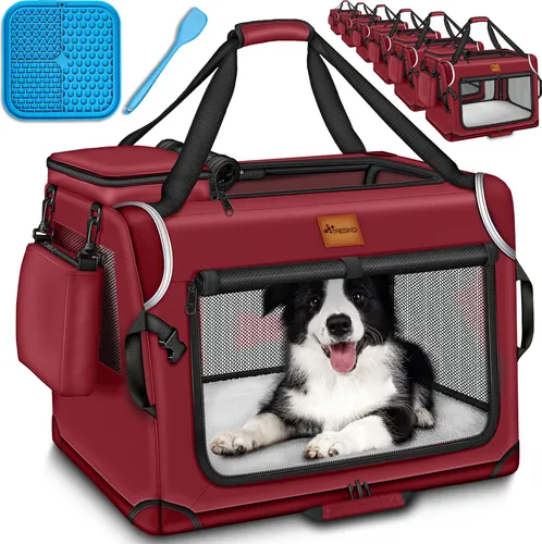 TRESKO® Hundebox faltbar Rot (S 50x34x34cm) inkl. Leckmatte, Spatel & Reflektoren | Transportbox für Hunde und Katzen | Hundetransportbox für kleine & große Hunde | Hundetasche robust