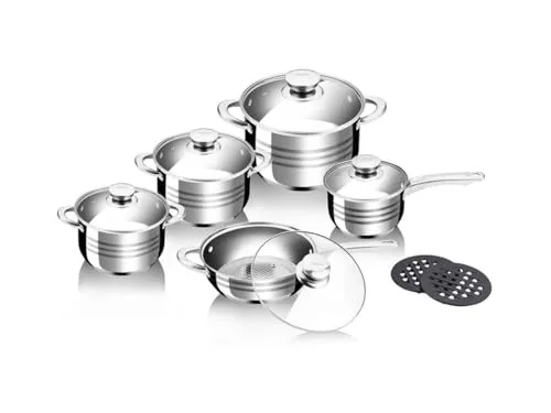 Royalty Line RL-1232: 12-Teiliges Set Aus Rostfreiem Kochgeschirr - Töpfe und Pfannen aus hochwertigem Edelstahl, rost- und korrosionsbeständig. Ideal für alle Herdarten, inklusive Induktion. Mit fünf Glasdeckeln und zwei Untersetzern für mehr Komfort beim Kochen.