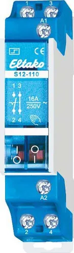 Eltako S12-110-12V Stromstoßschalter - Diverse S - Elektromechanischer Stromstoßschalter mit 1 Schließer und 1 Öffner, ideal für effiziente Steuerung mit nur 5-6 W Leistungsbedarf.