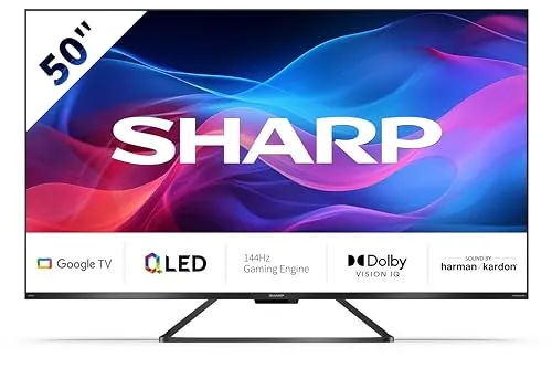 SHARP 50GR8265E Google TV - 50 Zoll 4K QLED Smart TV - Fernseher mit rahmenlosem Design und 144Hz Gaming-Erlebnis; Dolby Atmos für immersiven Sound und Google TV für eine große Auswahl an Apps.