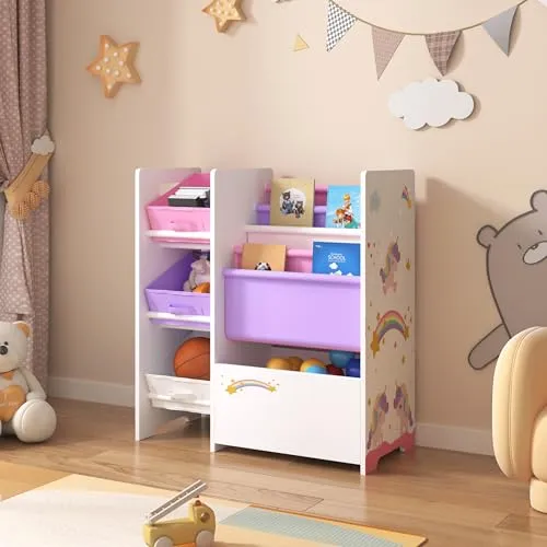 [en.casa] Kinderregal Vimianzo mit Einhorn-Motiv - Kinderzimmerregal mit 4 Ablagefächern und 3 Faltboxen, ideal für die kreative Aufbewahrung von Spielzeug und Büchern. Attraktives Design regt die Fantasie an!