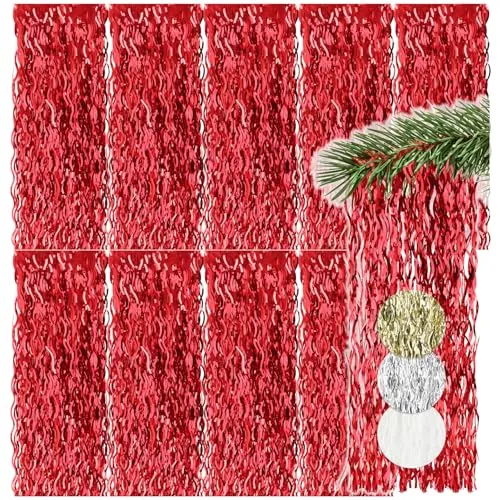 com-four® 10x Lametta - rote Lametta Girlande für Weihnachten - Christbaumschmuck für den Tannenbaum - Lametta-Vorhang mit welligen Fäden (rot - 10 Stück)