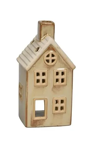 Keramik Windlicht-Haus, Weihnachtsdekoration, Teelichthalter mit Fenstern, Größen (Creme/beige B/T/H: 8 x 7 x 16cm)