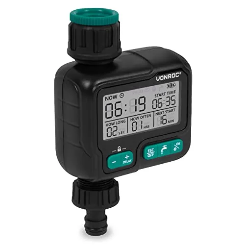 Vonroc digitale Wasserzeitschaltuhr - automatisches Bewässerungssystem, IPX5 - Optimieren Sie Ihre Gartenbewässerung mit der programmierbaren digitalen Wasserzeitschaltuhr von VONROC. Ideal für individuelle Bewässerungspläne und wetterfest für zuverlässigen Einsatz im Freien.