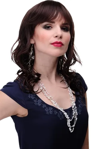 Damenperücke Perücke lang wellig Mahagoni Braun gesträhnt leichter Wetlook Pony