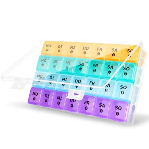 Tablettenbox Monat 28 Tage Pillendose, Große Tablettenbox Monat Medikamentenbox mit 7 Fächer für 4 Wochen für Die Nahrungsergänzungsmittel, Vitamine und FischöLe (Regenbogen)