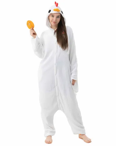 Katara Partyanzug Bauernhoftiere Jumpsuit Kostüm für Erwachsene S-XL, Karneval - Kostüm, Kigurumi- Hühnchen weiß S (145-155cm)