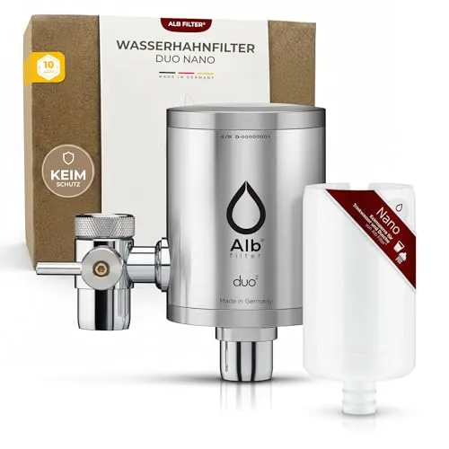 Alb Filter® Duo Nano Trinkwasserfilter - Küchenspülenfilter mit Armatur Anschluss, filtert effektiv Bakterien wie E. coli und Legionellen, Made in Germany aus Edelstahl für sicheres Trinkwasser direkt am Wasserhahn.
