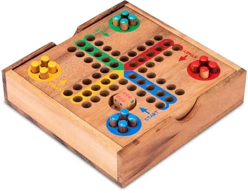 LOGOPLAY Ludo Gr. S für 2 bis 4 Spieler - Spielfeld 14 x 14 cm - Würfelspiel aus Holz