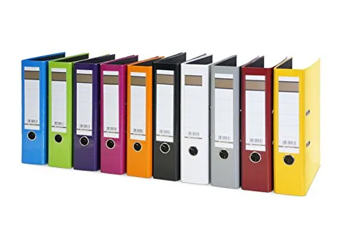 10er Pack Aktenordner DIN A4 - 75mm breit in 10 Farben - Ordner Set mit 10 verschiedenen Farben, ideal für eine übersichtliche und stylische Ablage. Mit transparenten Rückenschildtaschen für individuelle Beschriftung.