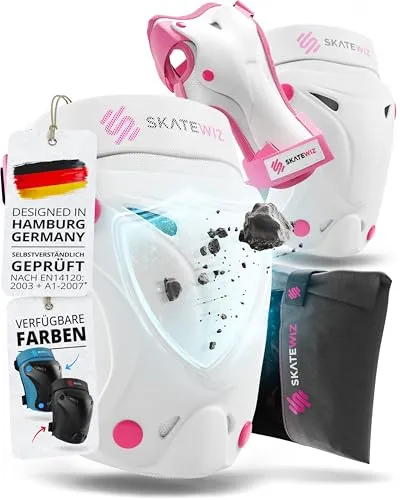 SKATEWIZ Knieschoner Kinder Schoner Set [6er] - Pink White Größe XS - Schonerset für Kinder mit 2 Knieschonern, 2 Ellenbogenschonern und 2 Handgelenkschonern. Atmungsaktives Material sorgt für angenehmen Tragekomfort und optimale Sicherheit beim Inlineskaten und Skateboarden.