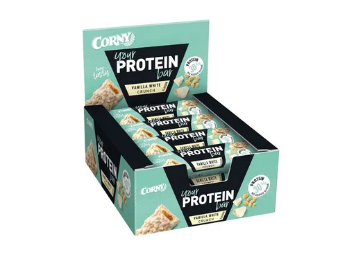 CORNY Proteinriegel Vanilla White Crunch 45g 12er Pack - Leckere CORNY Proteinriegel mit Vanillegeschmack und weißer Schokolade. Ideal für den kleinen Snack zwischendurch – mit 30% hochwertigem Protein und nur 2g Zucker pro Riegel.