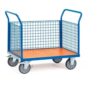 Fetra Transportwagen Dreiwandwagen 1530 - MultiVario-Transporter mit 3 Drahtgitterwänden und 500 kg Tragkraft, ideal für sichere Transporte. Robuste Holzwerkstoffplatte und hochwertige TPE-Rollen sorgen für Stabilität und Mobilität.