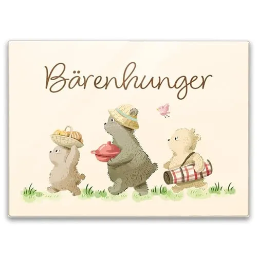 Bären Familie Schneidebrett in 39x28cm Glas mit Spruch Bärenhunger Teddy-Motiv Glas-Schneidebrett in 39x28cm Ideal für Essen mit Familie Freunden Geburtstags