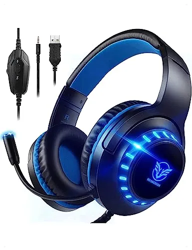Pacrate Gaming Headset für PS4/PS5/Xbox One/PC - Noise Cancelling & LED Lichter - Gaming-Headset für PS4 mit Multi-Plattform-Kompatibilität, beeindruckendem Stereo Surround Sound und anpassbarem Mikrofon für klare Kommunikation. Ideal für lange Spielesessions mit hohem Tragekomfort.