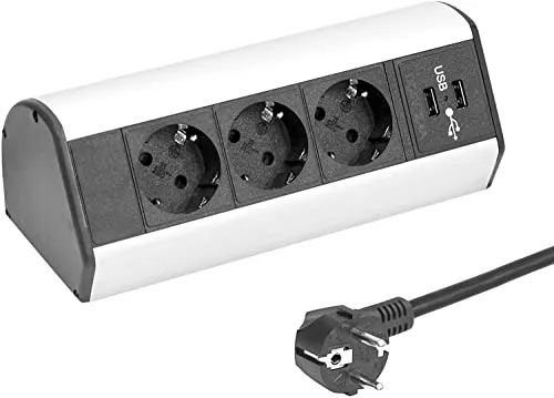 Elbe Inno® Tischsteckdose mit USB-Anschlüssen - Steckdosen & Zubehör mit 3 Steckdosen und 2 USB-Anschlüssen, ideal für Küche und Büro. Einfache Installation ohne Bohren, aus Aluminium und flammhemmendem Kunststoff.