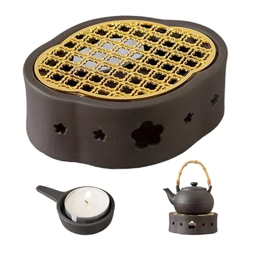 HJYDGJ Stövchen Keramik Teekanne Wärmer Geeignet zum Erhitzen von Tee und Kaffee Geschnitztes Retro Teelichthalter geeignet Stövchen für Teekanne Keramik Stövchen mit Tablett und Kerzenstände - Grau