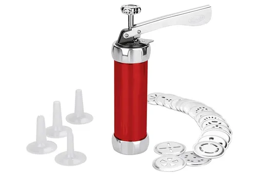 GSD Metall-Gebäckpresse 32400 - Keks-Presse in Rot, inklusive 20 Matrizen und 4 Spritztüllen für kreative Backideen