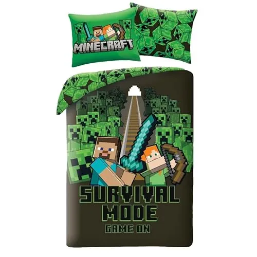 Minecraft Kinderbettwäsche – 140 x 200 cm + 70 x 90 cm – Bettbezug mit Survival-Modus-Motiv - Erleben Sie Abenteuer im Schlaf mit dieser offiziellen Minecraft Bettwäsche! Das Set aus 100% pflegeleichter Mikrofaser bietet ein aufregendes Design und sorgt für gemütliche Nächte. Maße: 140 x 200 cm und 70 x 90 cm.