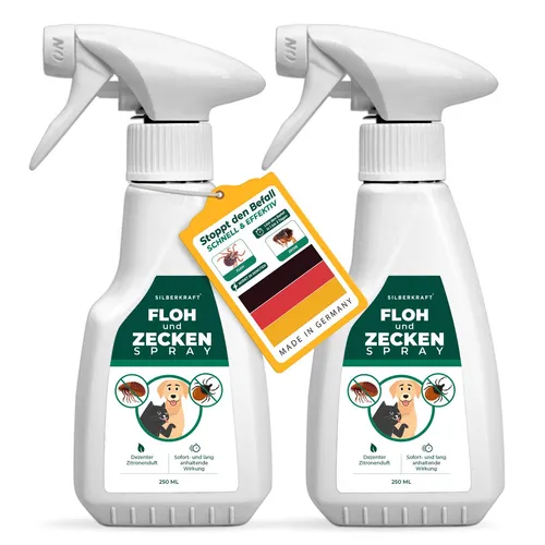 SILBERKRAFT Floh- & Zeckenspray für Hunde und Katzen - Effektives Spray zur Bekämpfung von Flöhen und Zecken bei Haustieren. Mit Eukalyptusöl für eine angenehme Anwendung und zuverlässigen Schutz. Ideal für den Einsatz im Freien.
