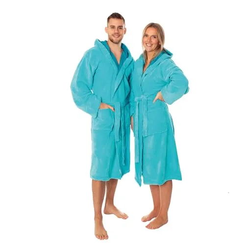 Lavea® Bademantel Damen und Herren, Unisex Morgenmantel mit Kapuze, Soft-Velour und Frottier, Bambus Baumwoll-Mischung, weich, 2 Taschen, Bindegürtel, Sauna & Wellness, XL, Türkis