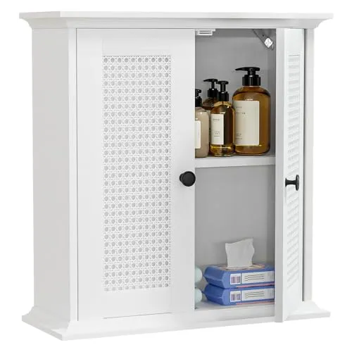 Yorbay Hängeschrank mit Rattanfront – Weißer Wandschrank 57x60x22 cm