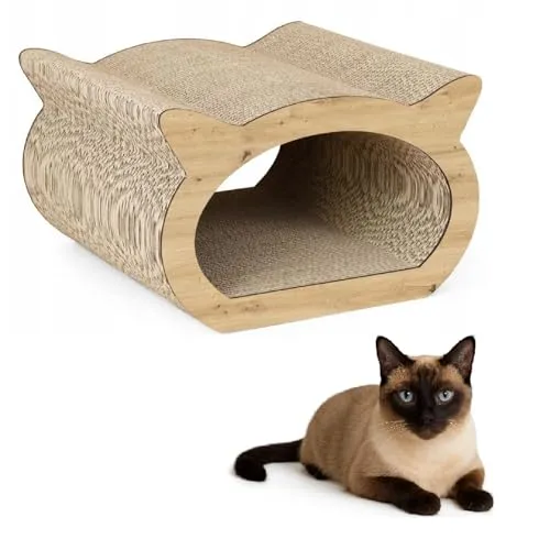 QLS Katzenmöbel aus Wellpappe – 37×36×23 cm – Kratzbrett, Katzenhöhle, Liegeplatz mit Katzenspielzeug & Katzenminze (Eiche)