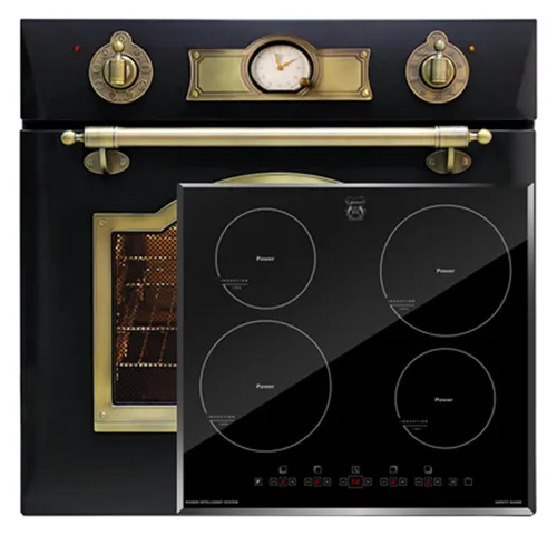 Kaiser Küchengeräte Backofen-Set Herd Set Autark Retro Elektro Einbau Backofen Autark 60cm 67L 8 Funktionen in Schwarz mit Induktionskochfeld 60 cm, Autark,Facettenschliff, Kochfeld 4xQickHeat Kochzonen EH 6355 Em+KCT 6105 FI., mit 1-fach-Teleskopauszug