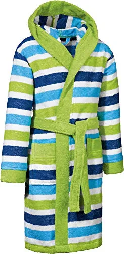 Erwin Müller Kinder-Bademantel mit Kapuze Frottier grün Größe 86/92 - saugstark, hautfreundlich, mit Taschen und Bindegürtel, Streifen