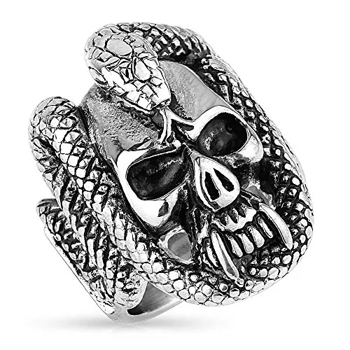 Mianova Herren Ring Edelstahl Massiv Breit Herrenring Männer Biker Rocker Schmuck Totenschädel mit Schlange Silber Größe 76 (24.2)
