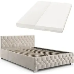 Juskys Polsterbett Nizza 140x200 cm mit LED Licht - Beige Samtbezug mit Chesterfield-Steppung, Stauraum unter dem Bett und inklusive Kaltschaummatratze für höchsten Schlafkomfort.