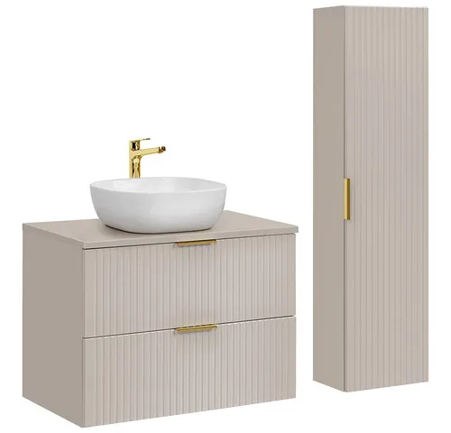 Badmöbel Set ADELAIDE-56-CASHMERE mit 80cm Waschtisch - 2-teiliges Badezimmermöbel Set in eleganter Kaschmirfarbe, mit hochwertigem Keramik-Aufsatzbecken und Softclose-System für komfortable Nutzung.