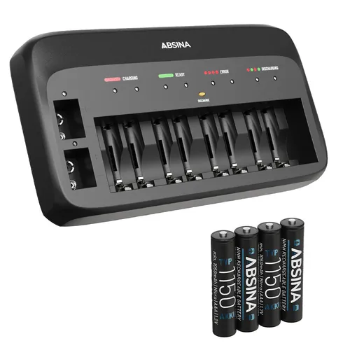 ABSINA Akku Ladegerät X10 für AA, AAA & 9V - 10-Fach Ladegerät mit 4x AAA 1150 Akkus - Ladegeräte für Haushaltsbatterien, ermöglicht gleichzeitiges Laden von bis zu 10 Akkus mit intelligenter Überwachung und schneller Aufladung innerhalb von 2 Stunden.